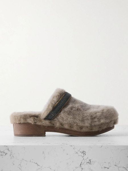  Brunello Cucinelli   Bead Embellished Shearling Clogs   Brown 