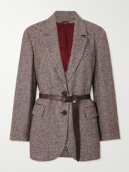  Brunello Cucinelli   Belted Bead Embellished Houndstooth Wool Blend Jacket   Brown 