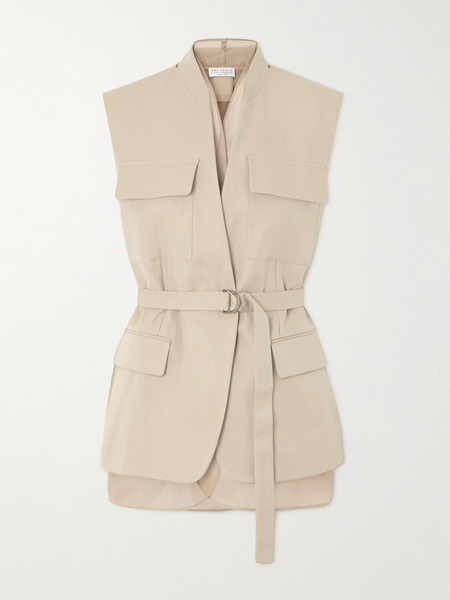  Brunello Cucinelli   Belted Bead Embellished Organza Trimmed Cotton And Linen Blend Twill Vest   Beige 