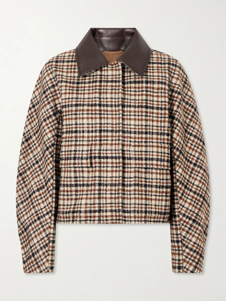  Brunello Cucinelli   Checked Leather Trimmed Wool Blend Jacket   Brown 