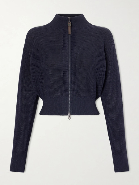  Brunello Cucinelli   Embellished Cotton Blend Zip Up Cardigan   Navy 