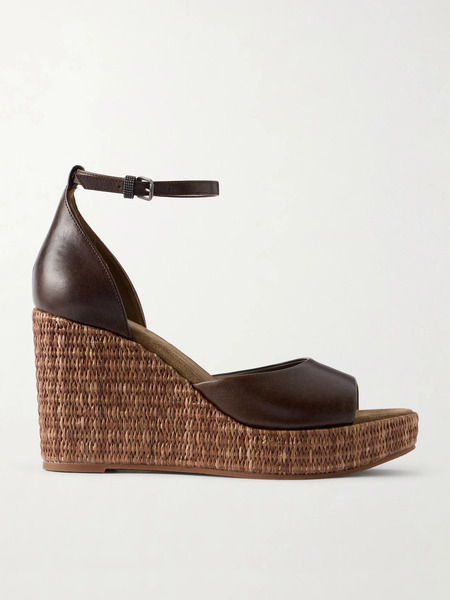  Brunello Cucinelli   Embellished Leather Platform Wedge Espadrille Sandals   Chocolate 