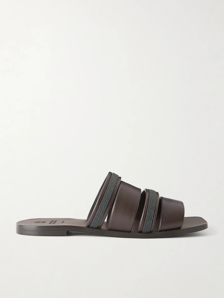  Brunello Cucinelli   Embellished Leather Sandals   Dark Brown 