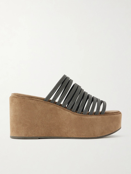  Brunello Cucinelli   80 Embellished Suede Platform Mules   Black 