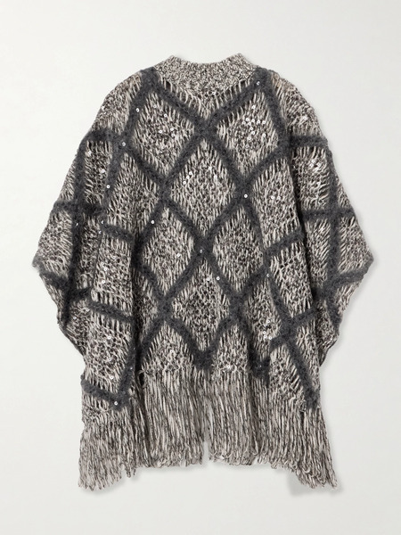  Brunello Cucinelli   Fringed Sequin Embellished Argyle Open Knit Wool Blend Turtleneck Sweater   Dark Gray 