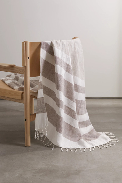  Brunello Cucinelli   Fringed Striped Linen Blend Blanket   Light Brown 