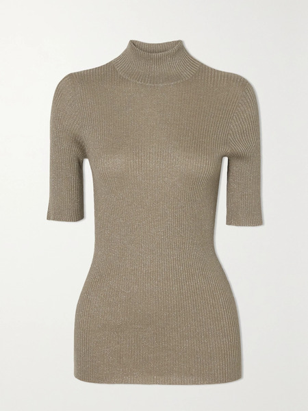  Brunello Cucinelli   Metallic Ribbed Cashmere Blend Top   Camel 