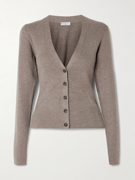  Brunello Cucinelli   Metallic Ribbed Knit Cardigan   Light Brown 