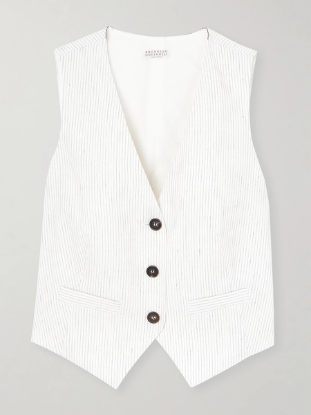  Brunello Cucinelli   Pinstriped Linen Blend Vest   White 