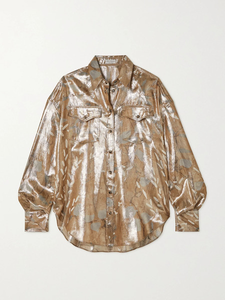  Brunello Cucinelli   Printed Metallic Silk Blend Shirt   Small 