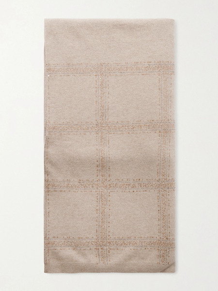  Brunello Cucinelli   Sequined Checked Wool, Cashmere And Silk Blend Scarf   Beige 