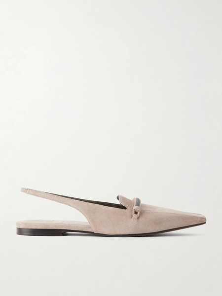  Brunello Cucinelli   Suede Pointed Toe Slingback Flats   Gray 
