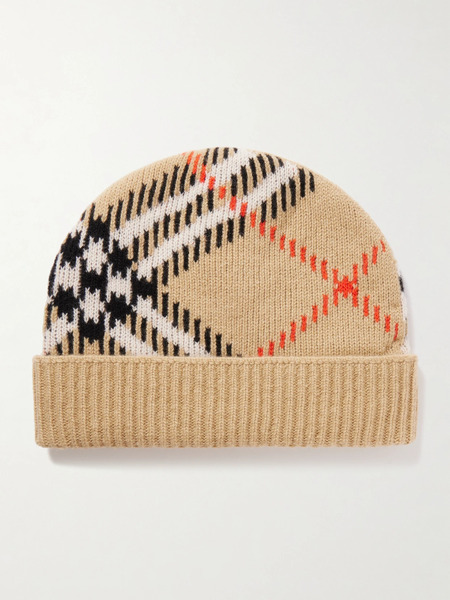  Burberry   Checked Ribbed Cashmere Blend Beanie   Sand 