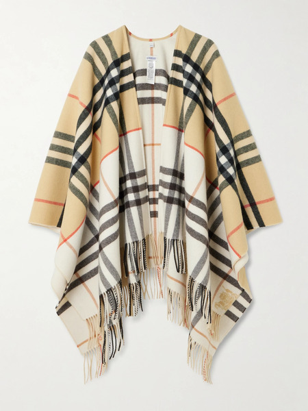  Burberry   Oversized Fringed Checked Cashmere And Wool Blend Cape   Beige 