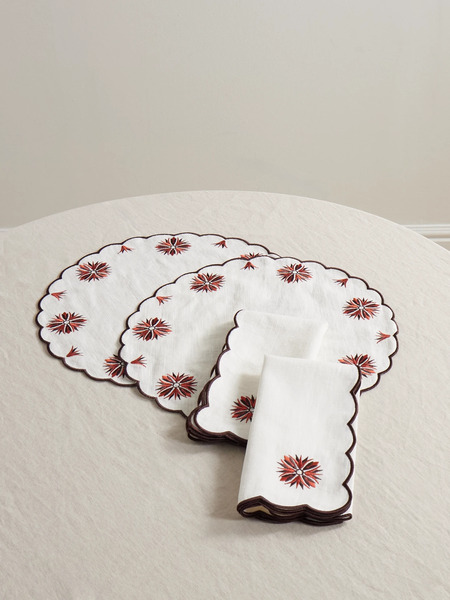  Cabana   Set Of Two Botanica Embroidered Linen And Cotton Blend Placemats And Napkins   White 