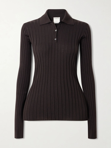  Calvin Klein Collection   Amber Ribbed Wool Polo Sweater   Dark Brown 