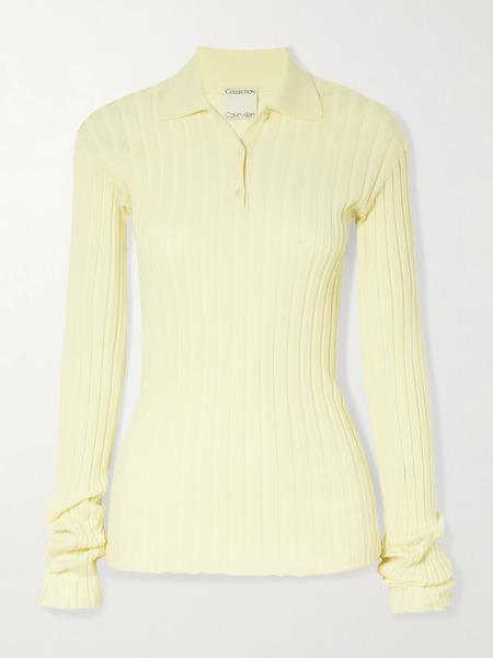 Calvin Klein Collection   Amber Ribbed Wool Polo Sweater   Pastel Yellow 