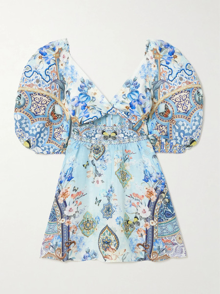  Camilla   Al Manial Palace Memoirs Twist Front Crystal Embellished Linen And Silk Blend Mini Dress   Blue 