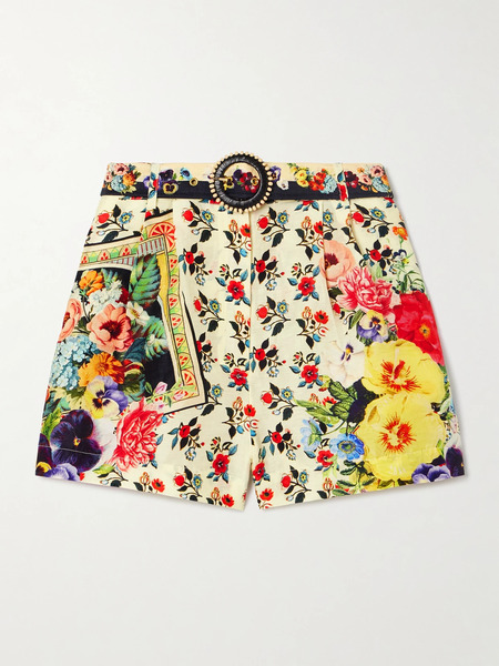  Camilla   Belted Printed Linen And Silk Blend Shorts   Multi 