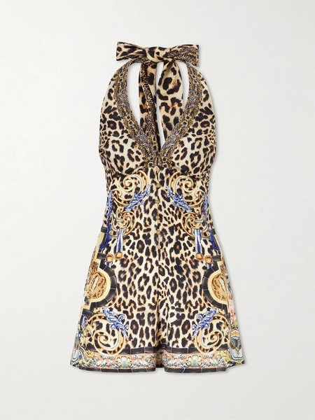  Camilla   Embellished Printed Silk Halterneck Playsuit   Multi 