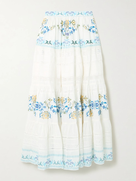  Camilla   My Homespun Heart Lace Trimmed Embroidered Printed Tiered Cotton And Silk Blend Maxi Skirt   White 