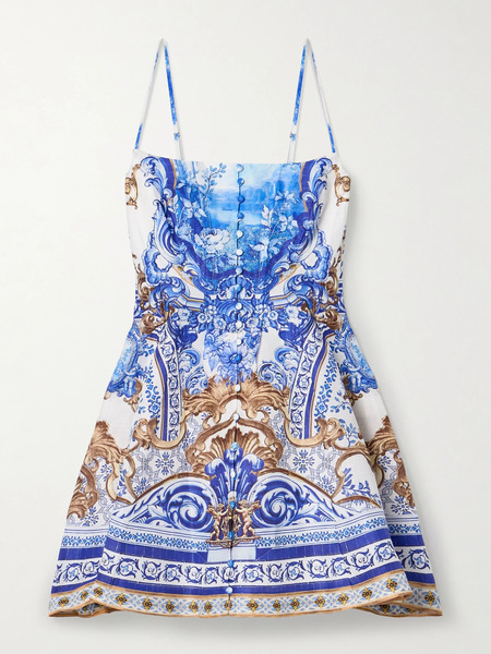  Camilla   Pleated Printed Linen And Silk Blend Mini Dress   Blue 