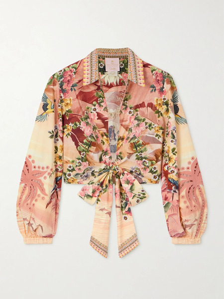  Camilla   + The White Lotus Cropped Printed Crystal Embellished Organic Cotton Poplin Wrap Shirt   Pink 