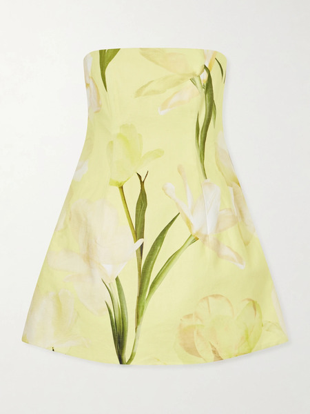  Cara Cara   Ines Strapless Floral Print Linen Mini Dress   Yellow 