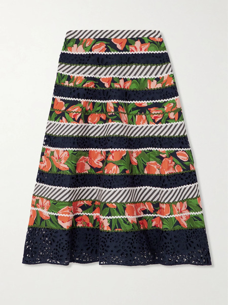  Carolina Herrera   Ric Rac Trimmed Printed Cotton Blend Poplin And Broderie Anglaise Midi Skirt   Multi 
