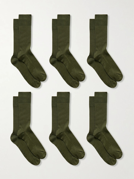  Cdlp   Set Of Six Ribbed Cotton Blend Socks   Dark Green 