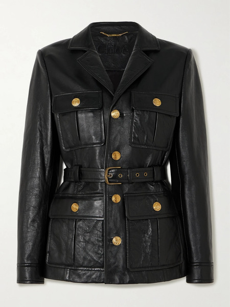  Chloé   Belted Glossed Textured Leather Jacket   Black 