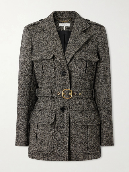  Chloé   Belted Herringbone Wool Blend Jacket   Brown 