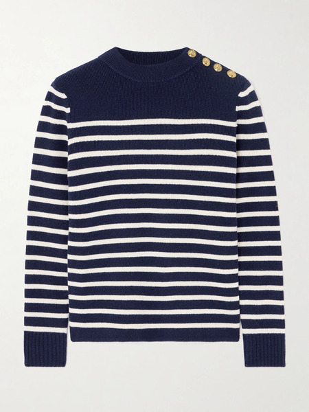 Chloé   Button Embellished Striped Wool And Cashmere Blend Sweater   Blue 
