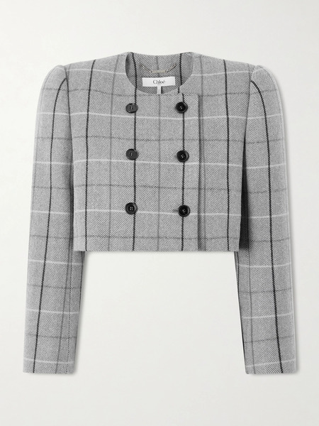  Chloé   Cropped Double Breasted Checked Wool Jacket   Light Gray 