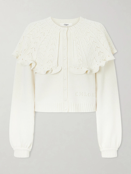  Chloé   Cropped Ruffled Pointelle Knit Wool And Cashmere Blend Cardigan   Cream 