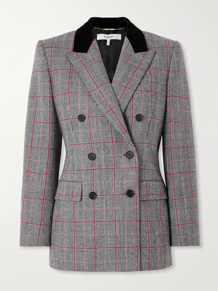  Chloé   Double Breasted Velvet Trimmed Checked Wool Blazer   Black 