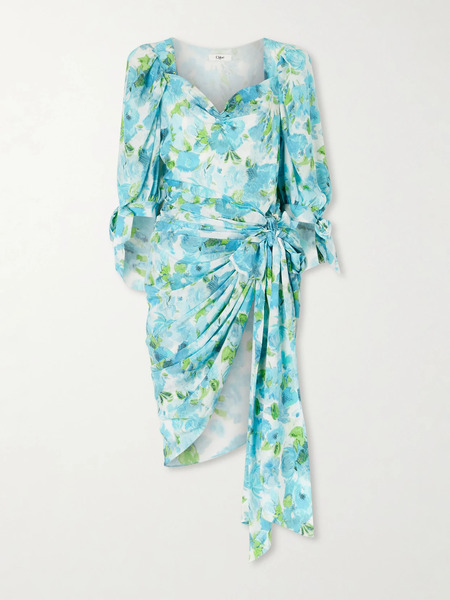  Chloé   Draped Floral Print Silk Mini Dress   Blue 