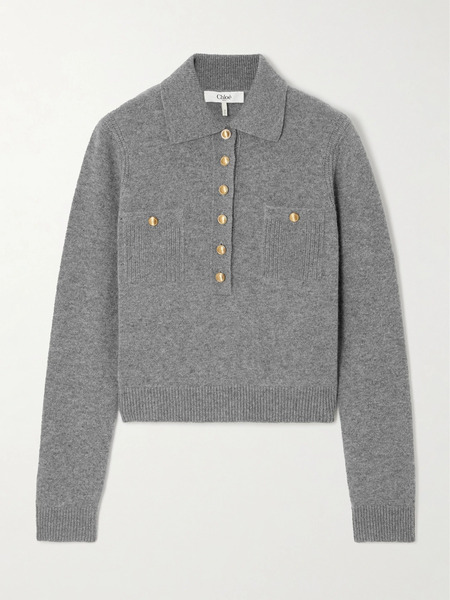  Chloé   Embellished Wool And Cashmere Blend Polo Sweater   Gray 