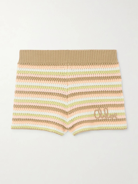  Chloé   Embroidered Striped Crocheted Cotton Shorts   Neutral 