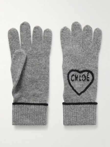  Chloé   Embroidered Wool And Cashmere Blend Gloves   Gray 