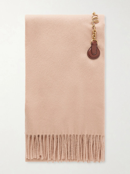 Chloé   Fringed Embellished Leather Trimmed Wool Scarf   Blush 