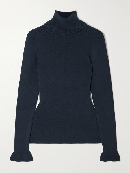  Chloé   Logo Detailed Ribbed Cotton And Wool Blend Turtleneck Sweater   Navy 