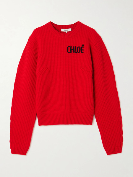  Chloé   Logo Detailed Ribbed Wool And Cashmere Blend Sweater   Red 