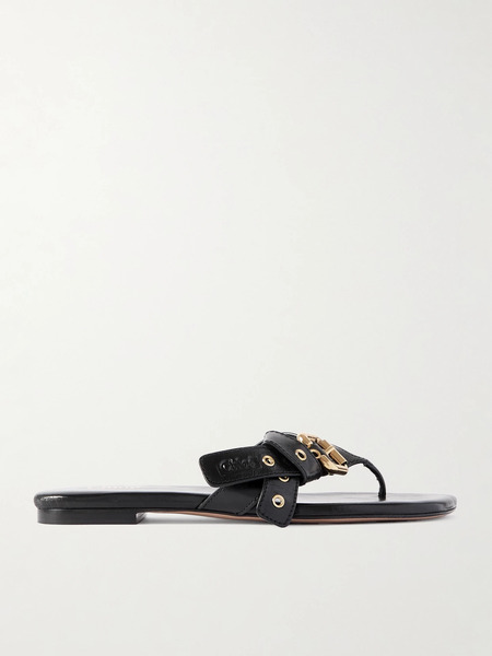  Chloé   Mae Buckle Embellished Leather Flip Flops   Black 