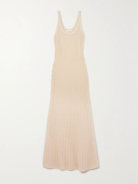  Chloé   Open Knit Ribbed Wool, Silk And Cashmere Blend Maxi Dress   White 