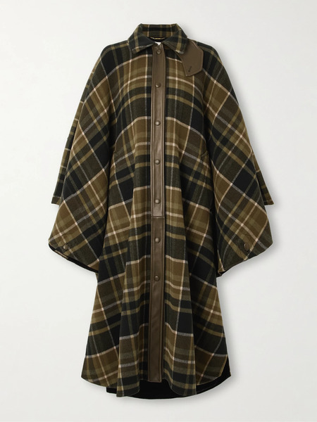  Chloé   Oversized Leather Trimmed Checked Wool Blend Flannel Coat   Green 