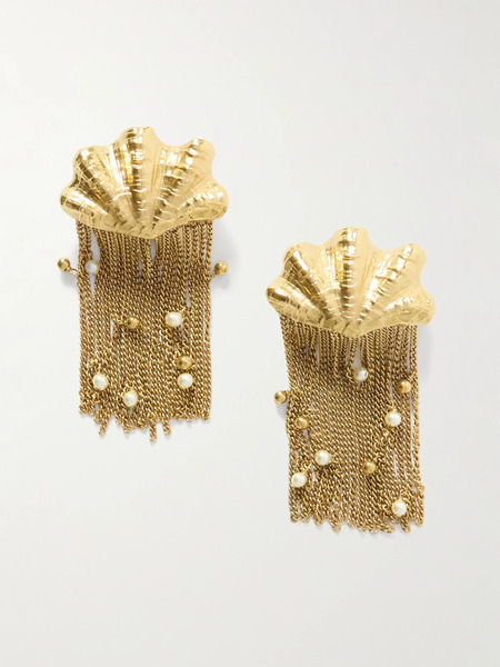  Chloé   Shells Fringed Gold Tone Faux Pearl Clip Earrings   One Size 