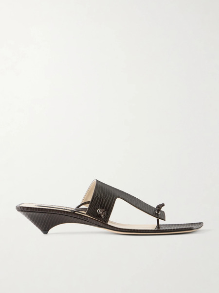  Christen   Edge T Strap 35 Lizard Effect Leather Sandals   Black 
