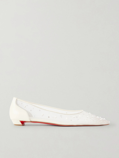  Christian Louboutin   Miss Z Degrastrassina Leather Trimmed Embellished Mesh Point Toe Flats   White 
