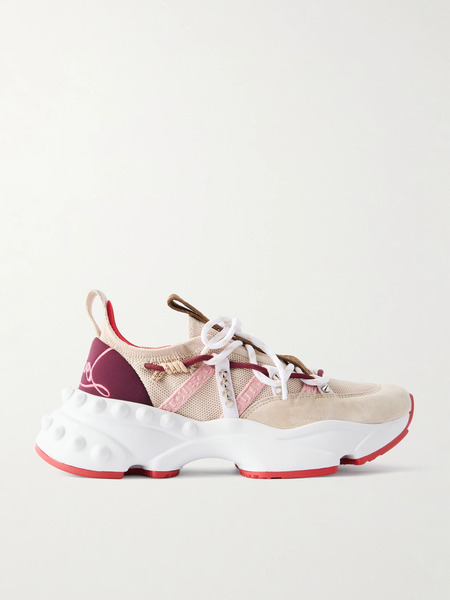  Christian Louboutin   Trailnrun Studded Embroidered Velour And Suede Trimmed Stretch Knit Sneakers   Beige 